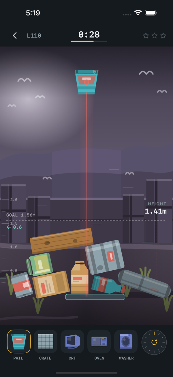 Junk Stack gameplay — a tower of recycling above the goal line