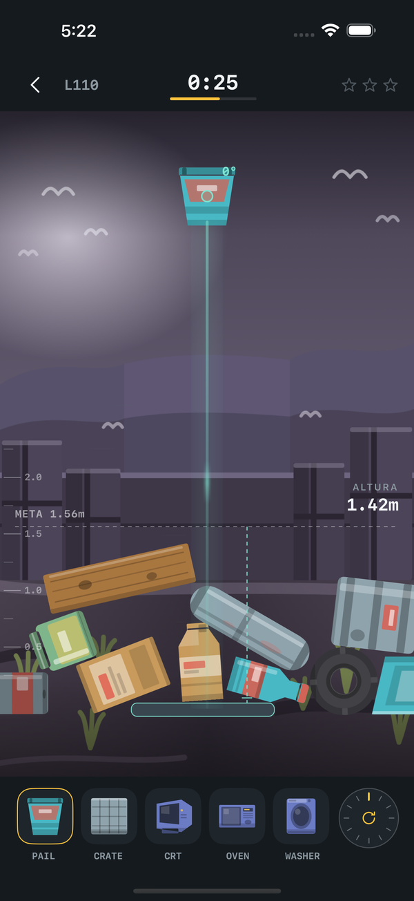 Pantalla de Junk Stack — una torre de reciclaje por encima de la línea de meta