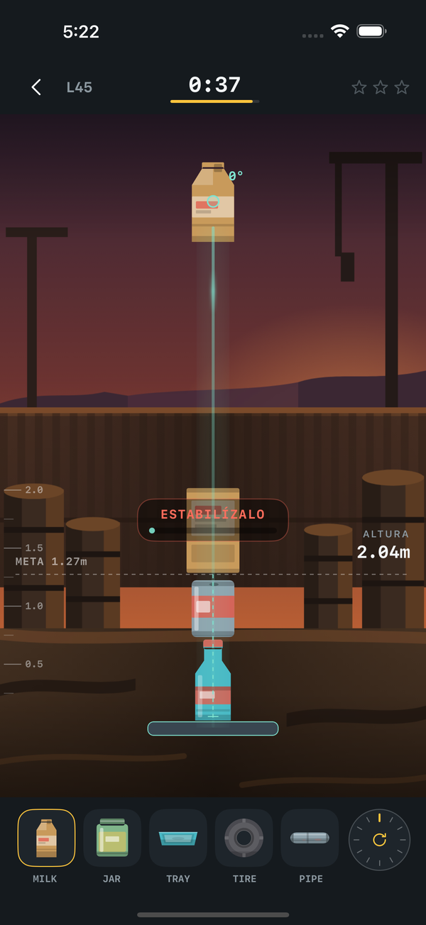 Pantalla de Junk Stack — una torre de reciclaje por encima de la línea de meta