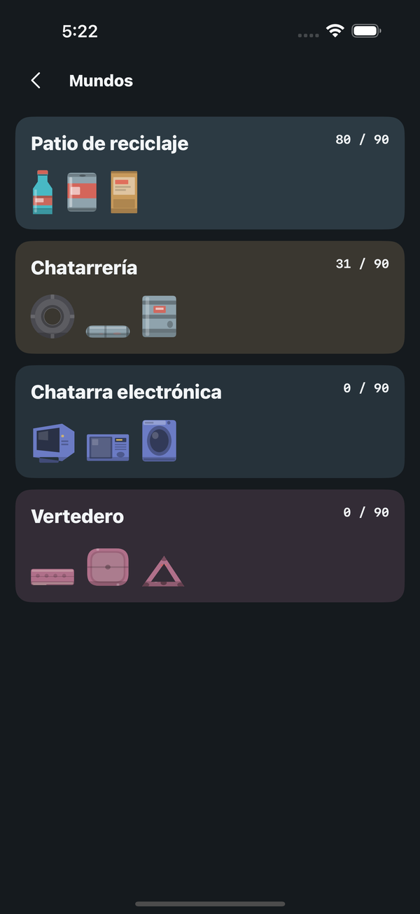 Pantalla de Junk Stack — una torre de reciclaje por encima de la línea de meta